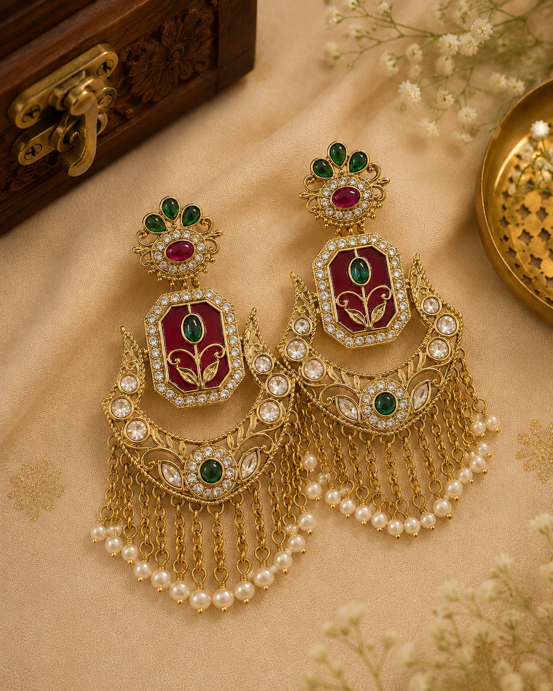 Antique Gold Ruby Meenakari Emerald Kemp Tulip Chandbali Earrings with Pearl Chain Tassel | OLT144