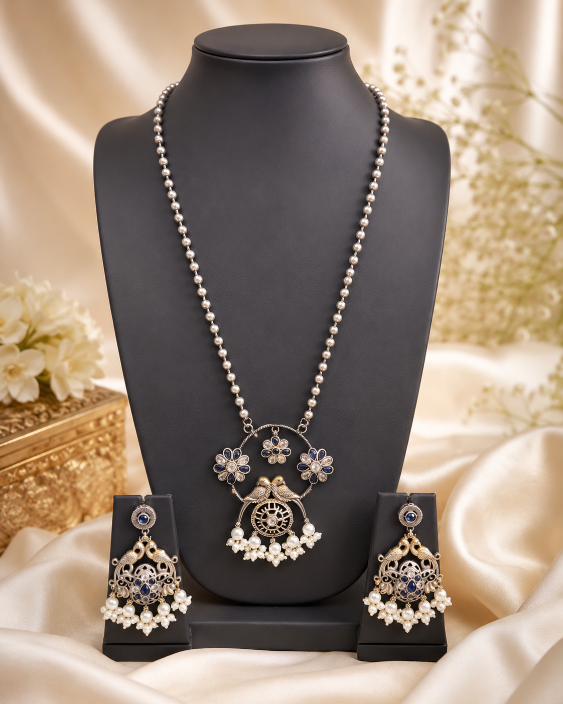 Oxidised Silver Lovebird Pendant Necklace & Chandbali Set | OLT35