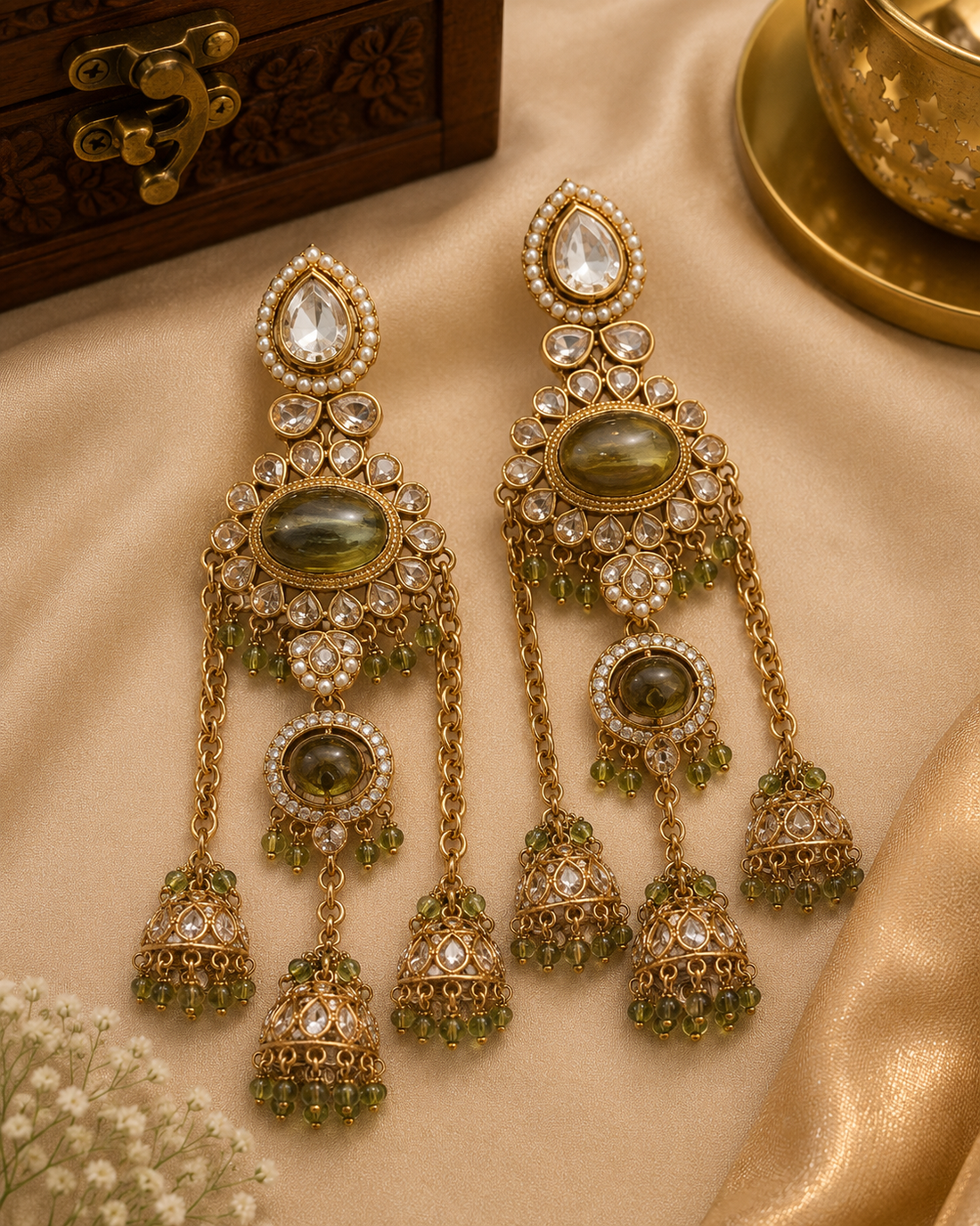 Antique Gold Polki Oval Cabochon Sunflower Floral Triple Jhumka Chandelier Earrings with Olive Green Crystal Drops | OLT159