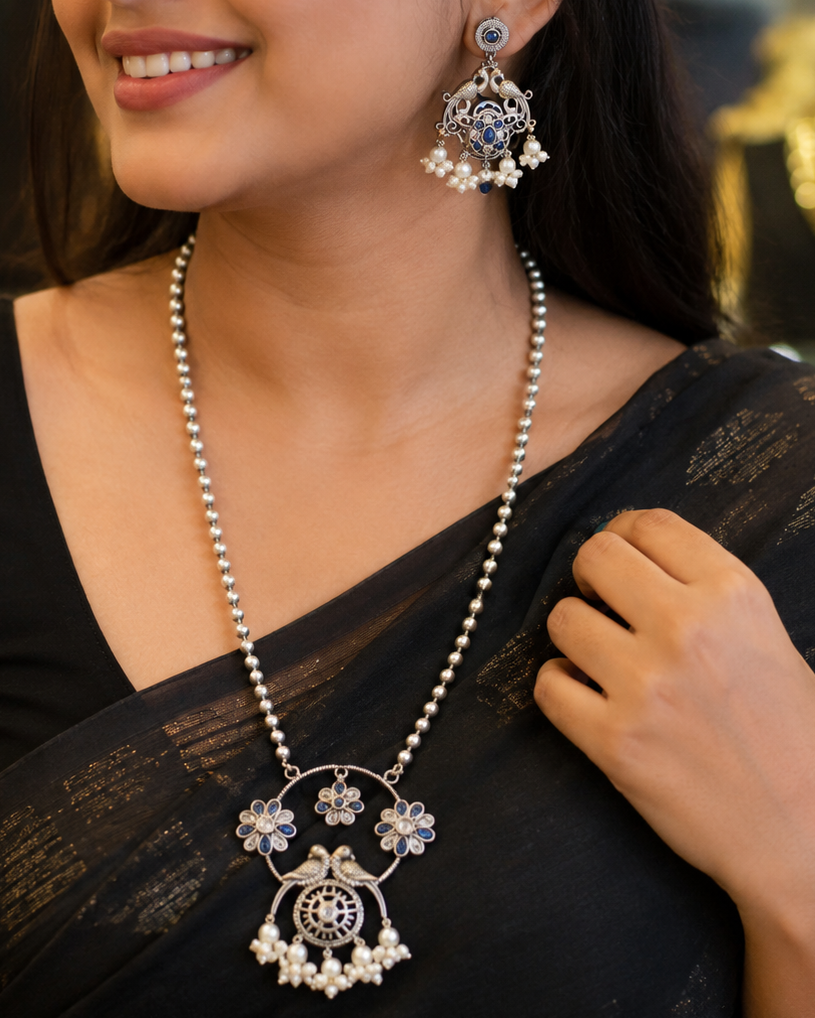 Oxidised Silver Lovebird Pendant Necklace & Chandbali Set | OLT35