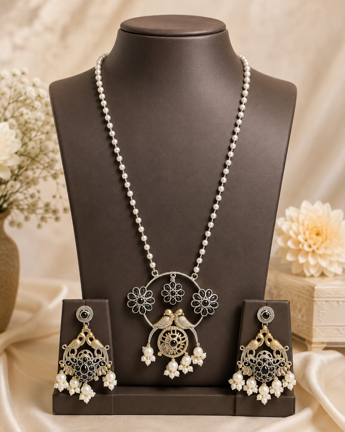 Oxidised Silver Lovebird Pendant Necklace & Chandbali Set | OLT35