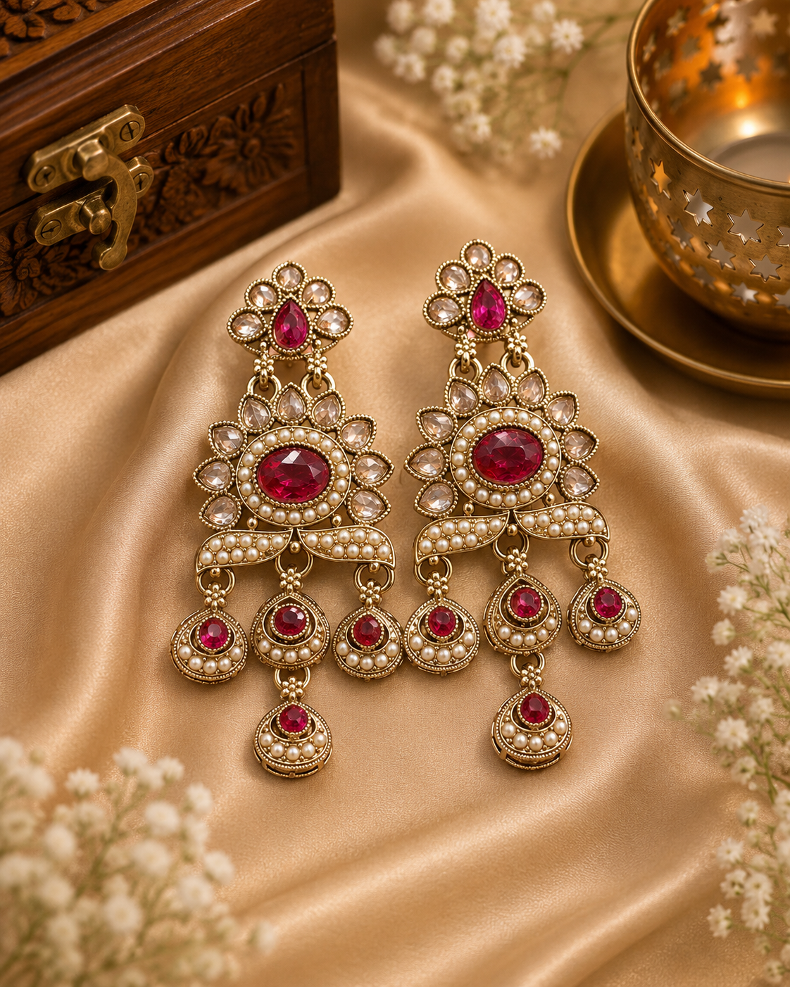 Antique Gold Ruby Lotus Petal Chandbali Earrings with Seed Pearl Crescent & Ruby Teardrop Drops | OLT149