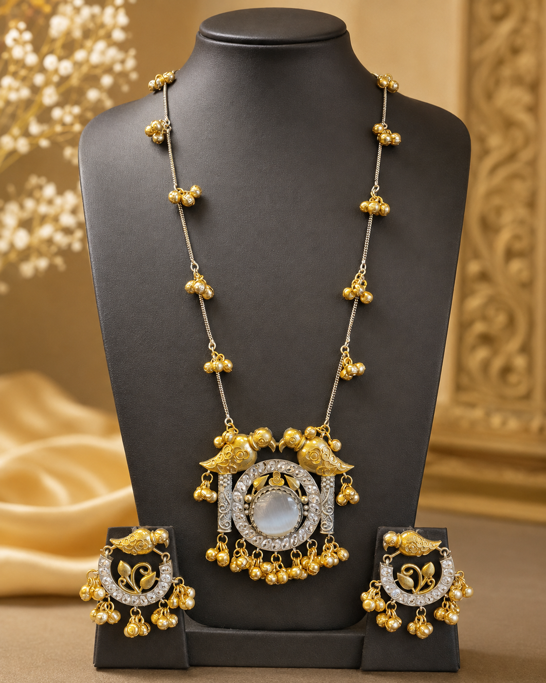 Dual Tone Lovebird Mirror Pendant Necklace & Chandbali Set | OLT57