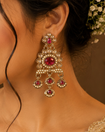 Antique Gold Ruby Lotus Petal Chandbali Earrings with Seed Pearl Crescent & Ruby Teardrop Drops | OLT149