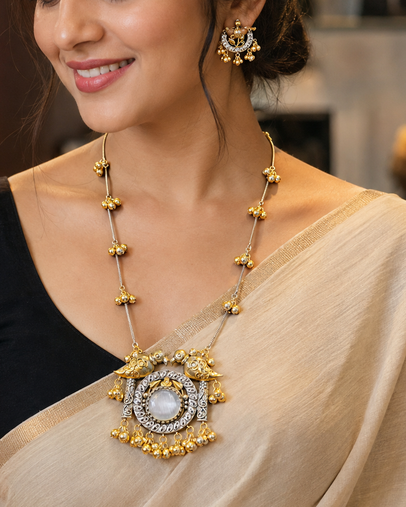 Dual Tone Lovebird Mirror Pendant Necklace & Chandbali Set | OLT57