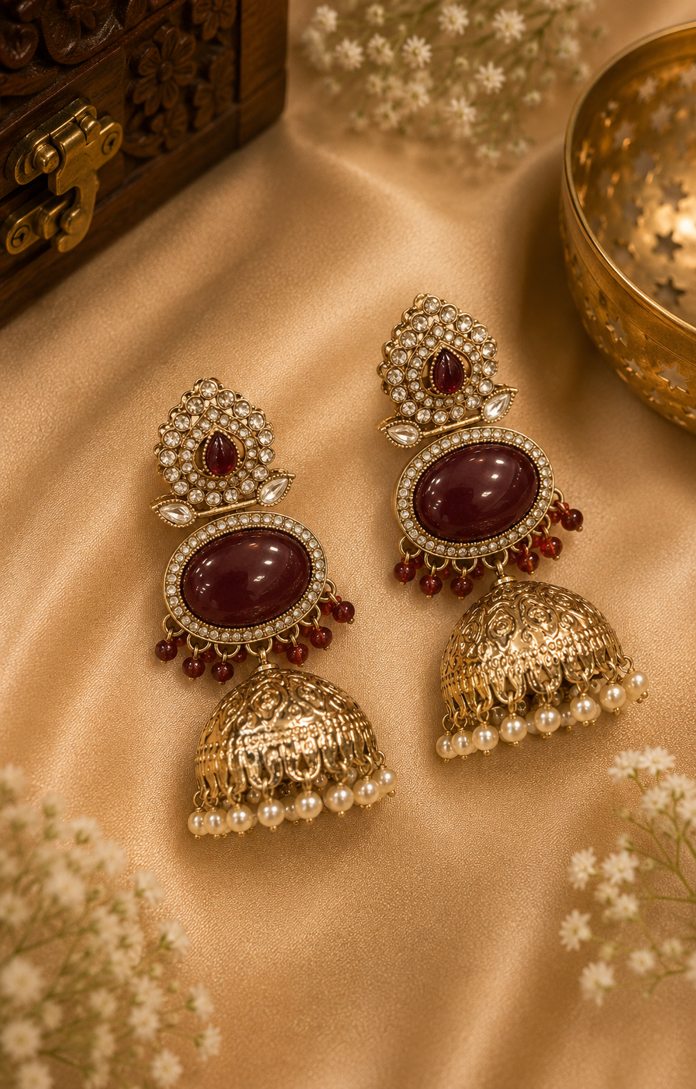 Antique Gold  Maroon Oval Polki CZ Granulated Dome Top Nakshi Temple Arch Jhumka Earrings |  OLT129