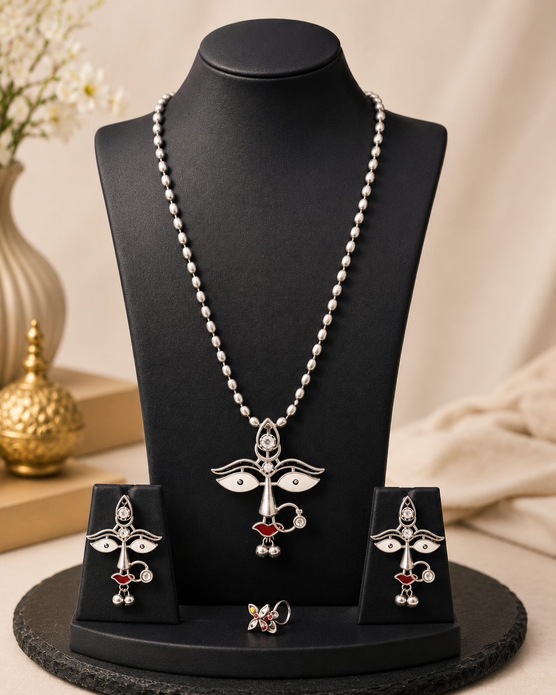 Silver Durga Devi Face Pendant Necklace & Earring Set | OLT36