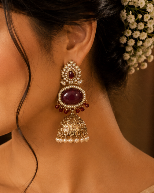 Antique Gold  Maroon Oval Polki CZ Granulated Dome Top Nakshi Temple Arch Jhumka Earrings |  OLT129