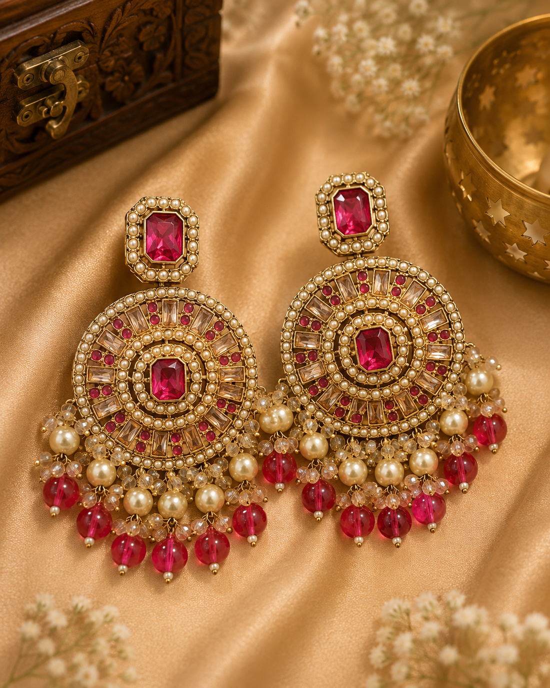 Antique Gold Ruby Emerald-Cut Rectangle Kemp Concentric Sunburst Chandbali Earrings with Pearl & Ruby Crystal Bead Fringe |  OLT160