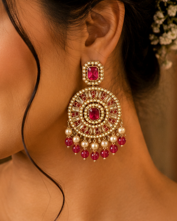 Antique Gold Ruby Emerald-Cut Rectangle Kemp Concentric Sunburst Chandbali Earrings with Pearl & Ruby Crystal Bead Fringe |  OLT160