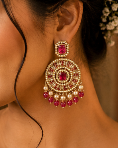 Antique Gold Ruby Emerald-Cut Rectangle Kemp Concentric Sunburst Chandbali Earrings with Pearl & Ruby Crystal Bead Fringe |  OLT160