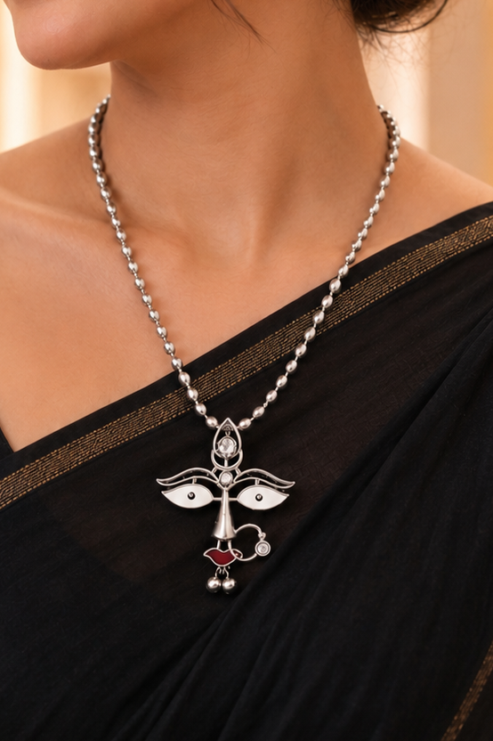 Silver Durga Devi Face Pendant Necklace & Earring Set | OLT36