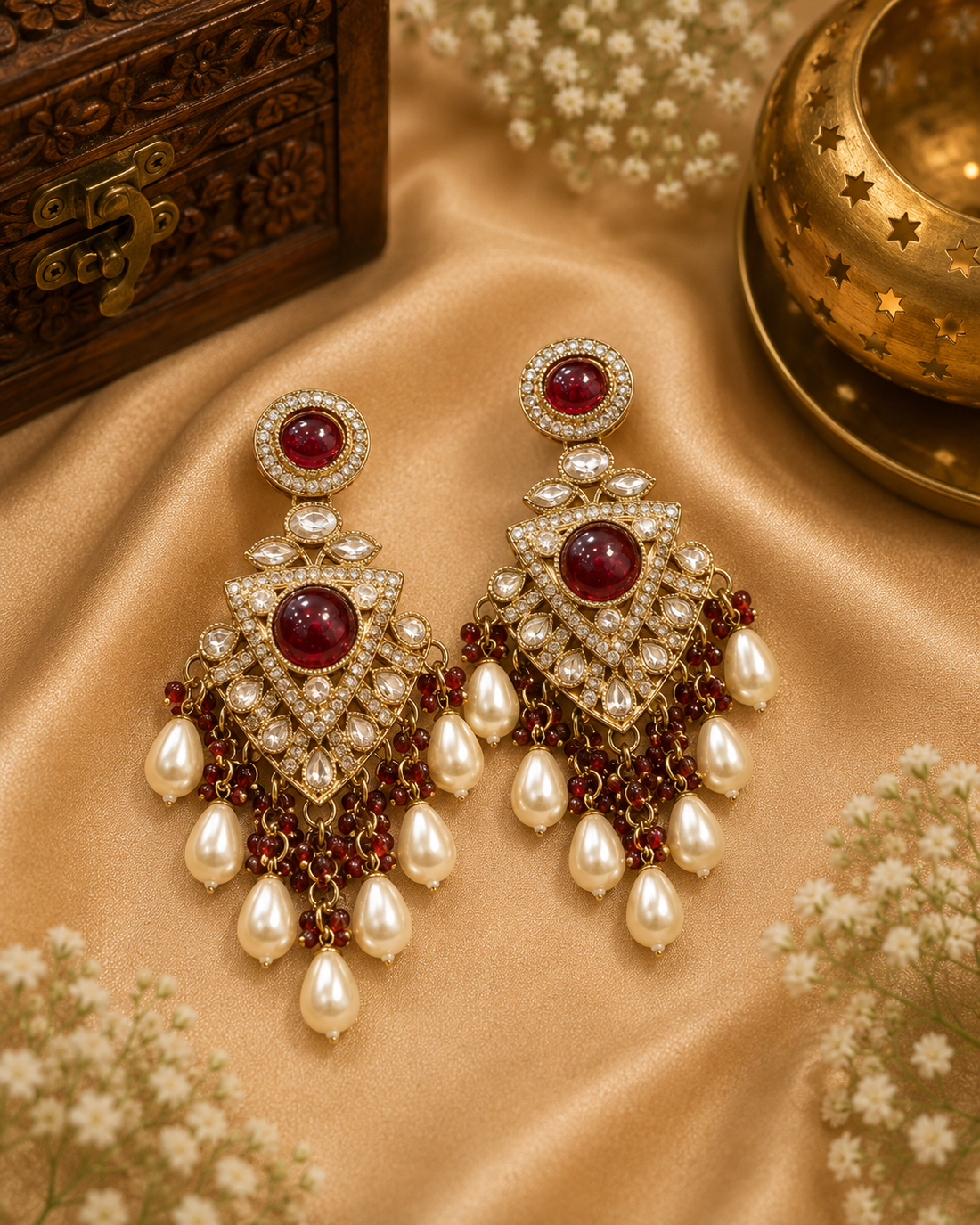 Antique Gold Ruby Polki Triangle Lattice Chandbali Earrings with Pearl Teardrop Fringe |  OLT135