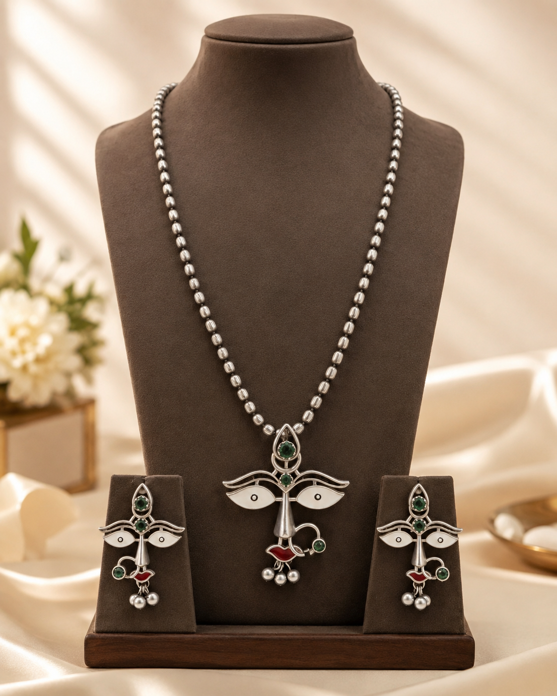 Silver Durga Devi Face Pendant Necklace & Earring Set | OLT36