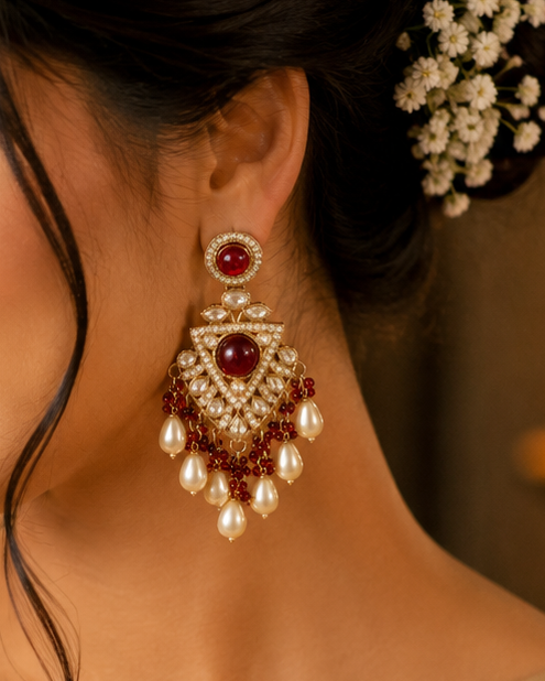 Antique Gold Ruby Polki Triangle Lattice Chandbali Earrings with Pearl Teardrop Fringe |  OLT135
