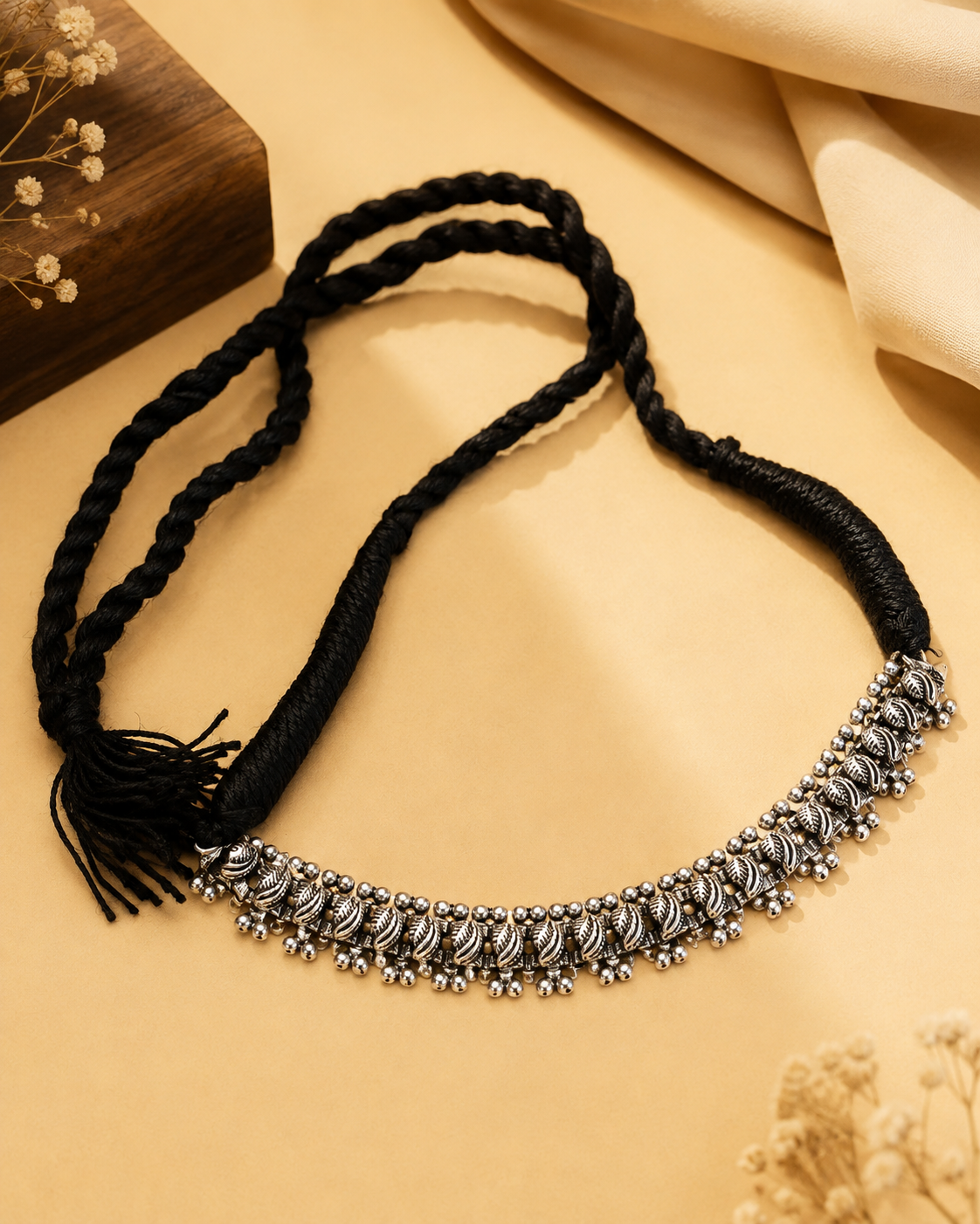 Oxidised Silver Leaf Choker Necklace with Black Thread Tie | OLT27