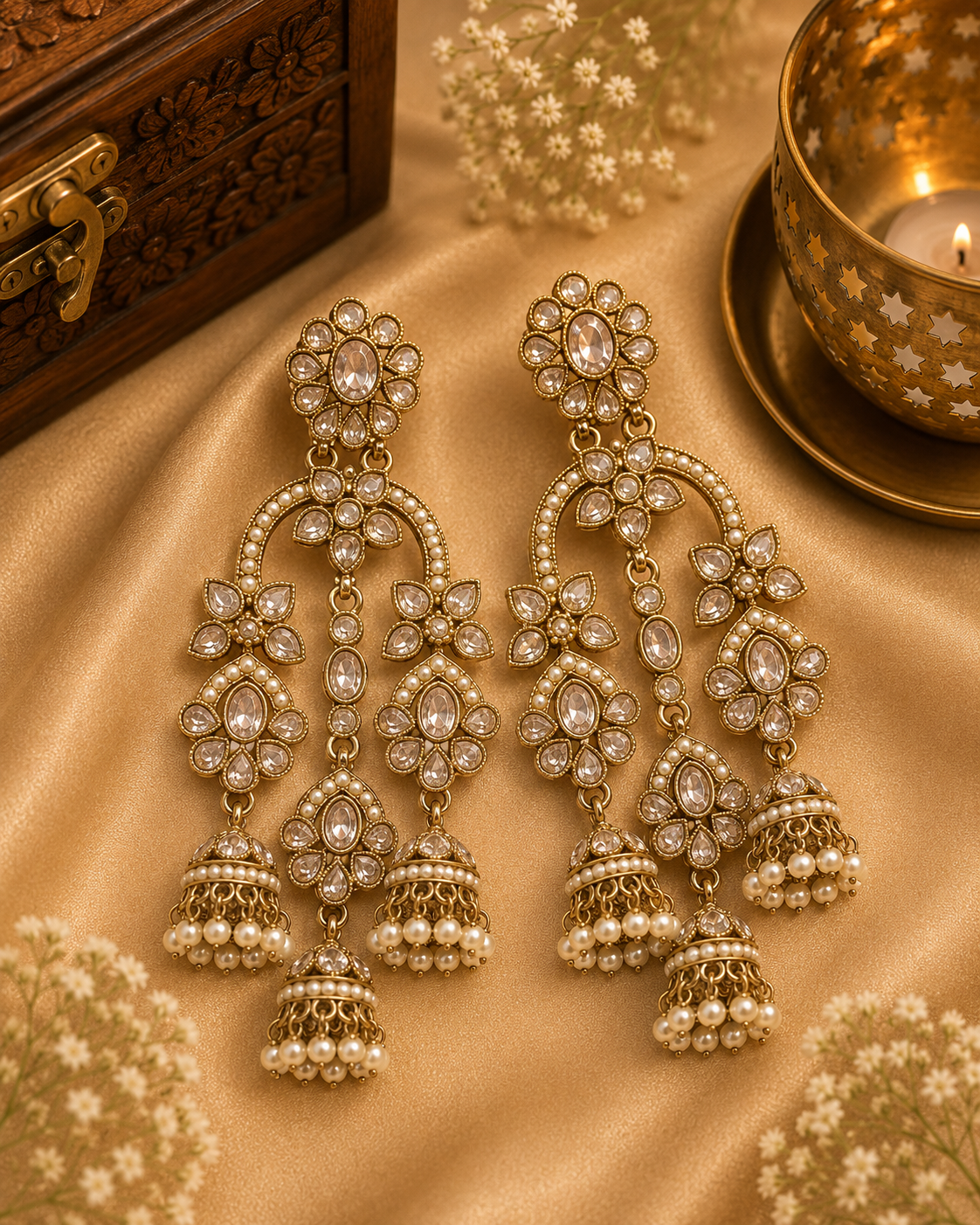 Antique Gold Polki CZ Triple Pearl Jhumka Earrings with Seed Pearl Crescent | OLT95