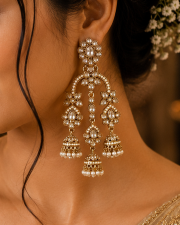 Antique Gold Polki CZ Triple Pearl Jhumka Earrings with Seed Pearl Crescent | OLT95
