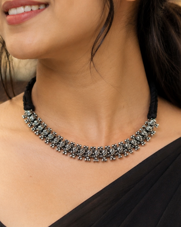 Oxidised Silver Leaf Choker Necklace with Black Thread Tie | OLT27