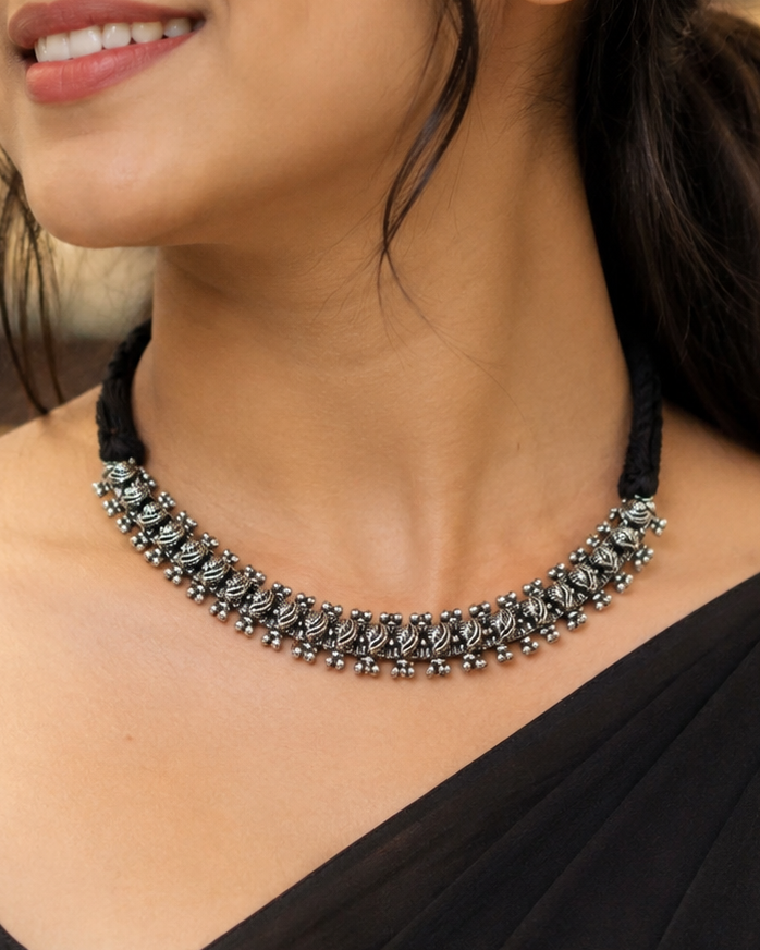 Oxidised Silver Leaf Choker Necklace with Black Thread Tie | OLT27