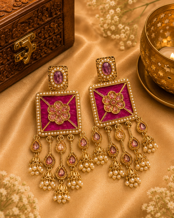 Antique Gold Pink Amethyst Meenakari Square Polki CZ Floral Chandelier Earrings with Pearl Jhumka Drops |  OLT96
