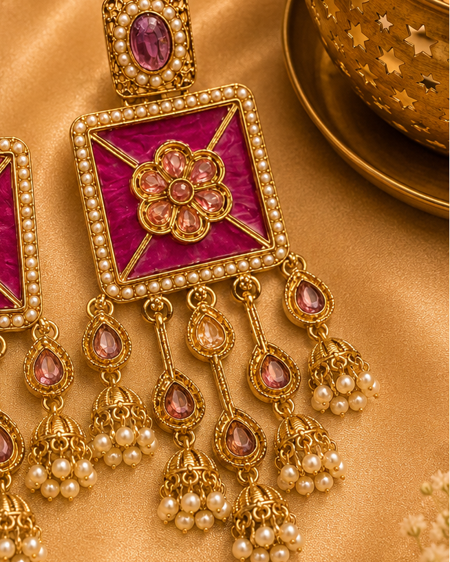 Antique Gold Pink Amethyst Meenakari Square Polki CZ Floral Chandelier Earrings with Pearl Jhumka Drops |  OLT96