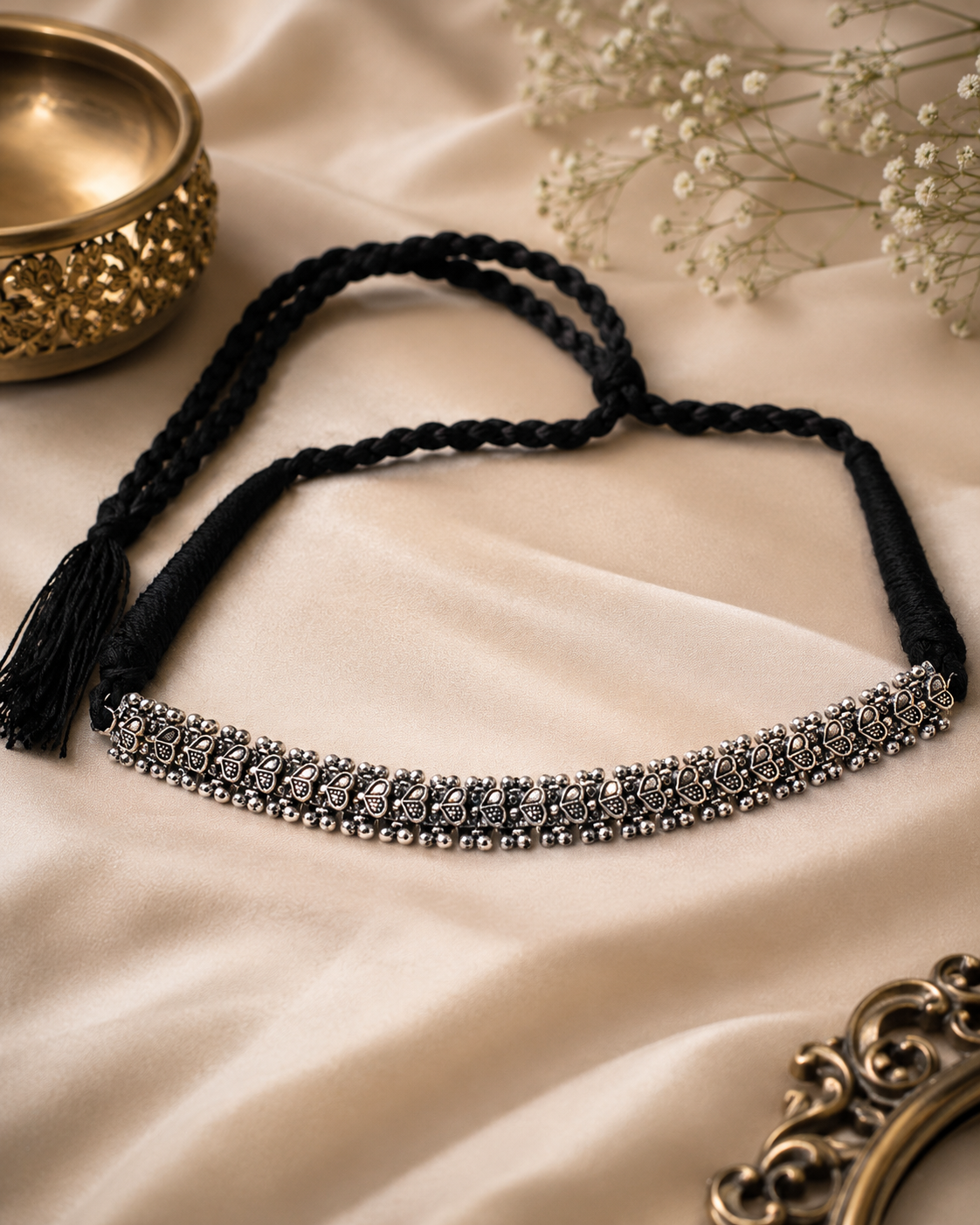 Oxidised Silver Leaf Choker Necklace with Black Thread Tie | OLT27