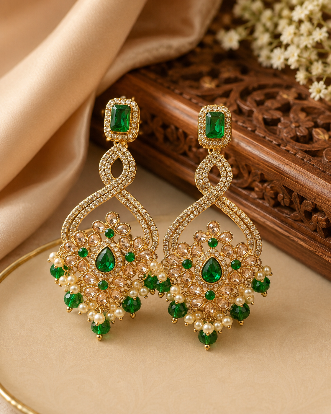 Gold CZ Pave Emerald Rectangle Kemp Infinity Twist Teardrop Polki CZ Lotus Chandbali Earrings with Emerald Crystal Pearl Fringe |  OLT101