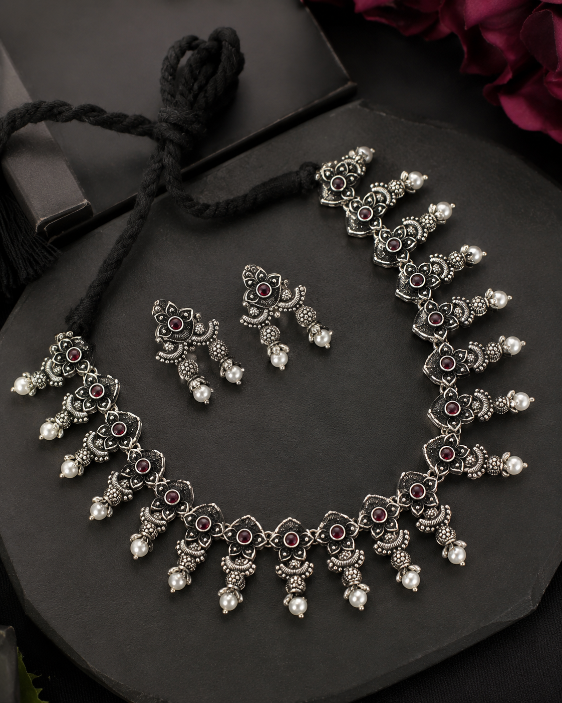 Oxidised Silver Ruby Floral Choker Set with Pearl Ghungroos | OLT41