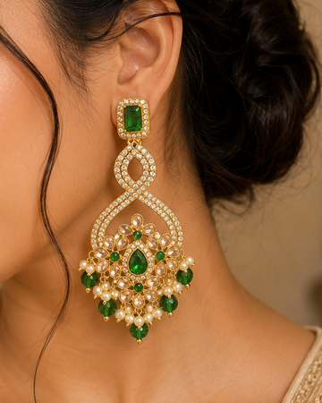 Gold CZ Pave Emerald Rectangle Kemp Infinity Twist Teardrop Polki CZ Lotus Chandbali Earrings with Emerald Crystal Pearl Fringe |  OLT101