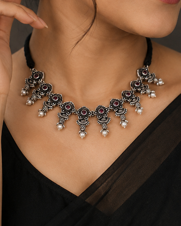 Oxidised Silver Ruby Floral Choker Set with Pearl Ghungroos | OLT41