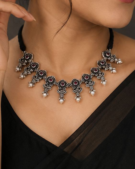 Oxidised Silver Ruby Floral Choker Set with Pearl Ghungroos | OLT41