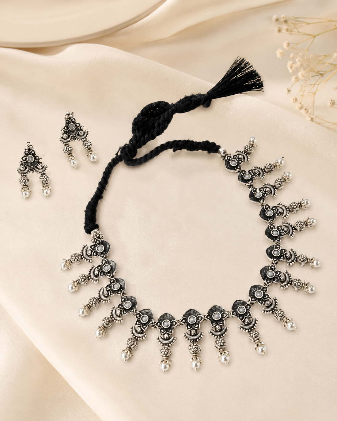 Oxidised Silver Ruby Floral Choker Set with Pearl Ghungroos | OLT41