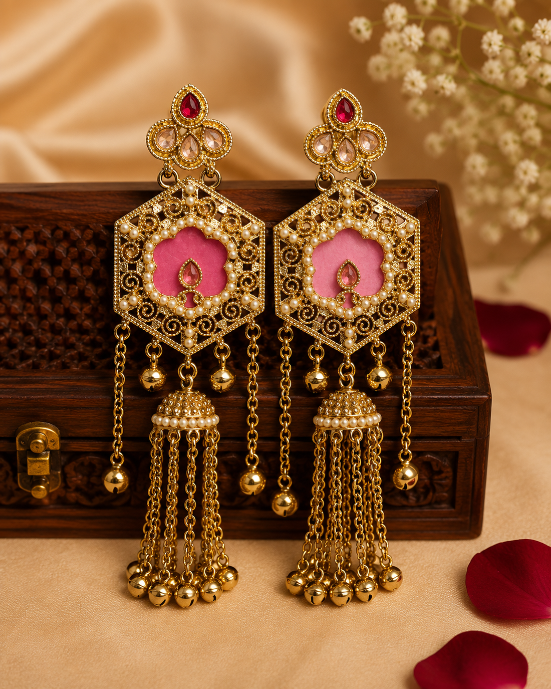 Gold Polki CZ Pink Meenakari Hexagon Filigree Scroll Jhumka Chain Tassel Earrings  |  OLT123