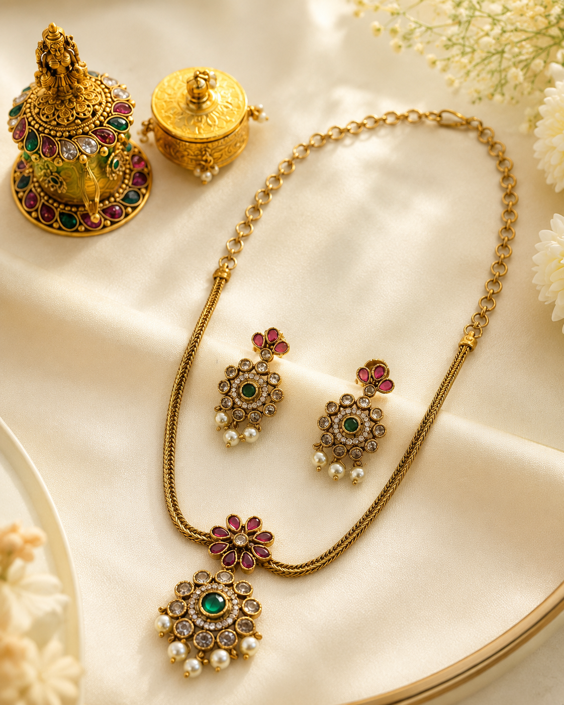 Antique Gold Attigai Necklace with kemp stones and pearl drops | L12195