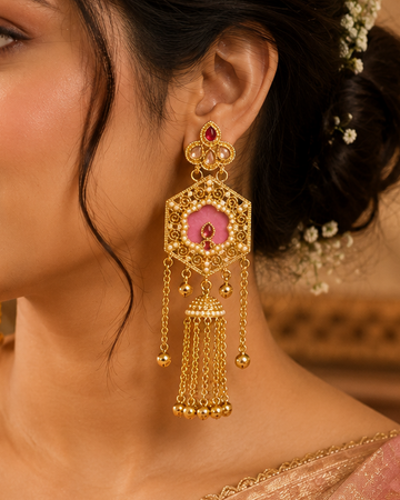 Gold Polki CZ Pink Meenakari Hexagon Filigree Scroll Jhumka Chain Tassel Earrings  |  OLT123