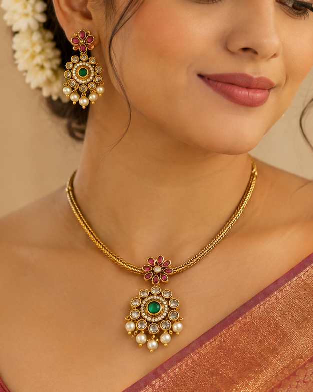 Antique Gold Attigai Necklace with kemp stones and pearl drops | L12195