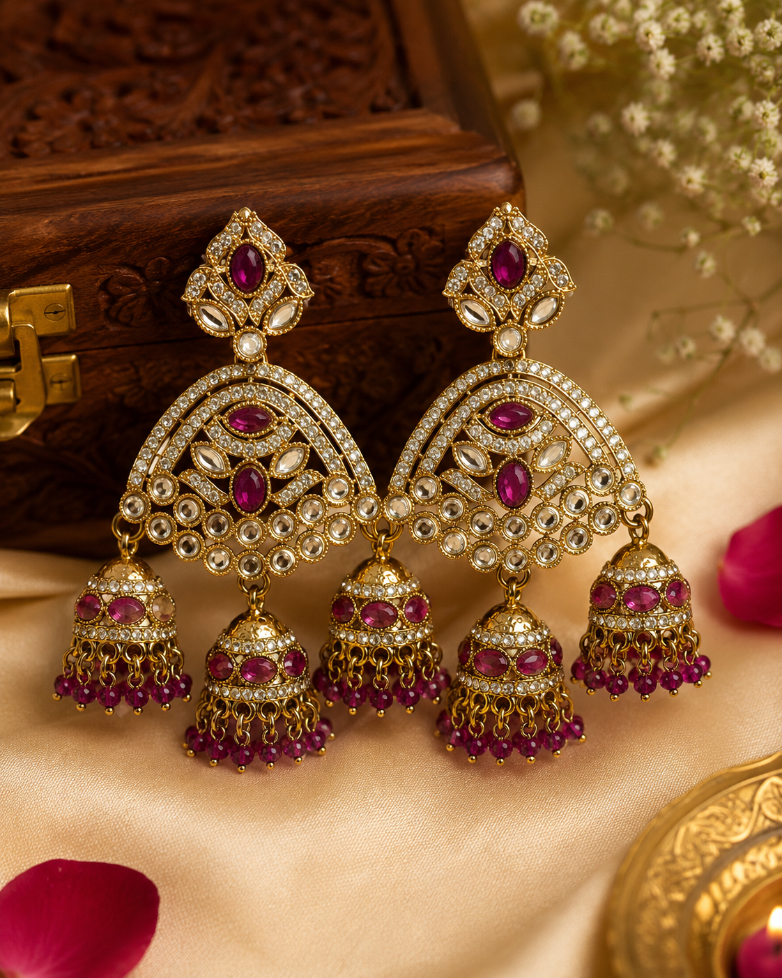 Gold Polki CZ Ruby Oval Kemp Arch Triple Jhumka Chandelier Earrings with Ruby Bead Fringe |  OLT118