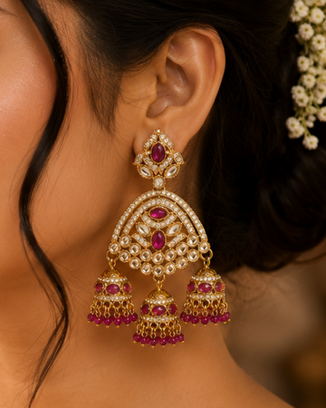 Gold Polki CZ Ruby Oval Kemp Arch Triple Jhumka Chandelier Earrings with Ruby Bead Fringe |  OLT118