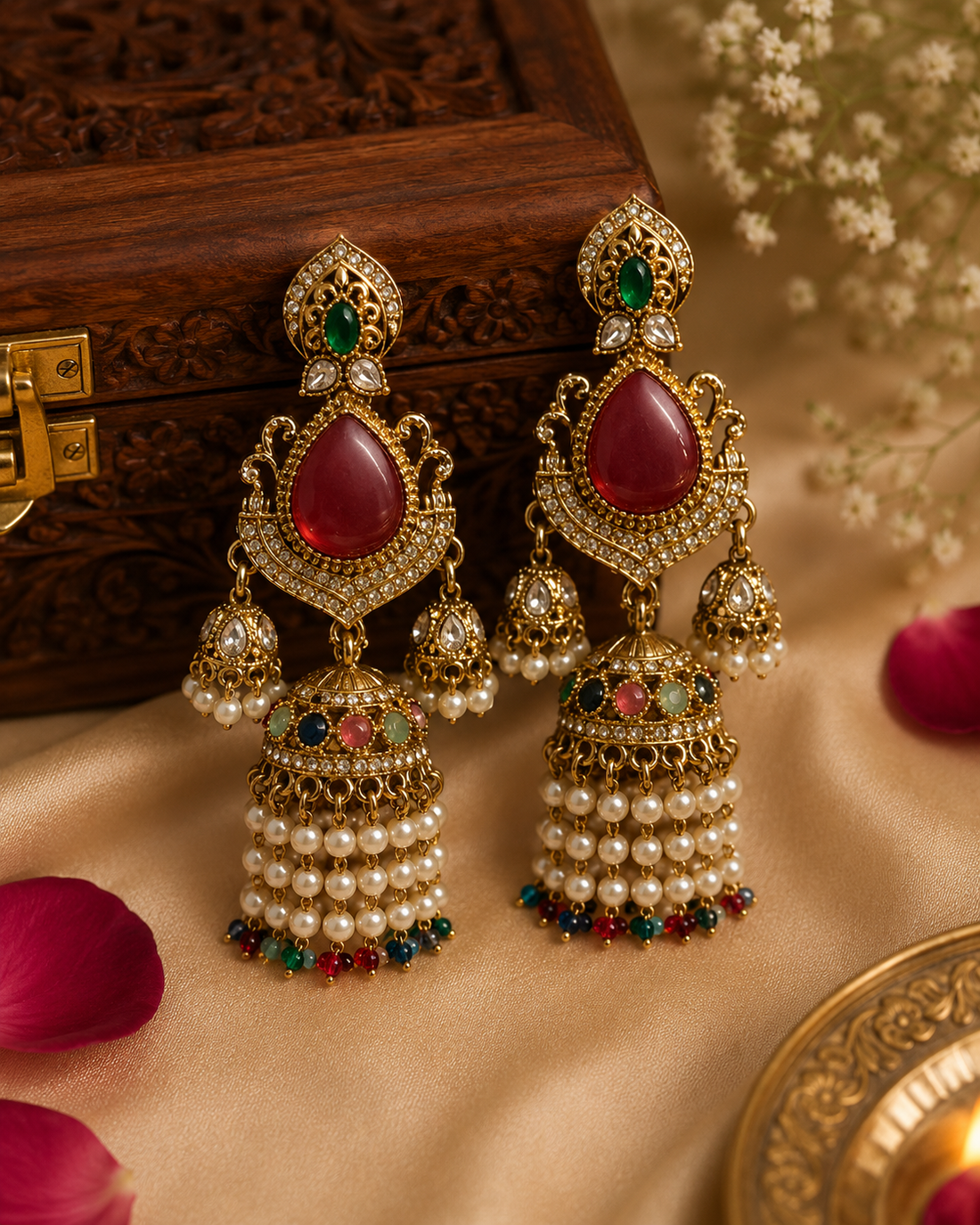 Gold Polki CZ Ruby Teardrop Emerald Kemp Filigree Top Large Dome Jhumka Earrings with Pearl Multi-Strand Fringe |  OLT136