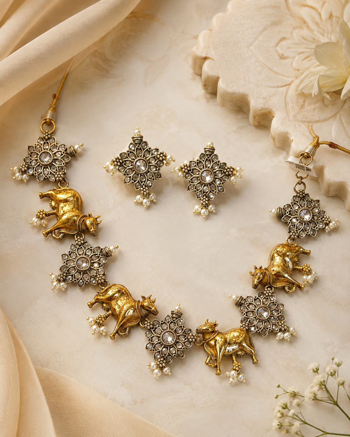 Antique Gold & Silver Cow Motif Choker Set with Pearl Drops |  OLT43