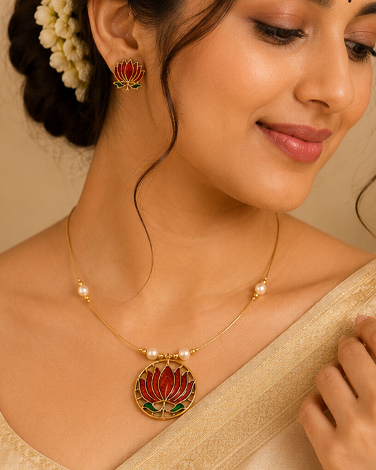 Gold Lotus Meenakari Necklace Set with Pearl Studs | L14830