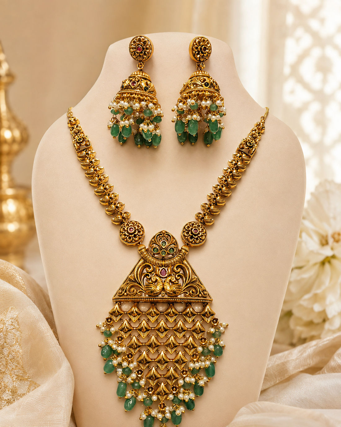 Antique Gold Long Haram with Emerald Beads & Jhumka Earrings | LV3058