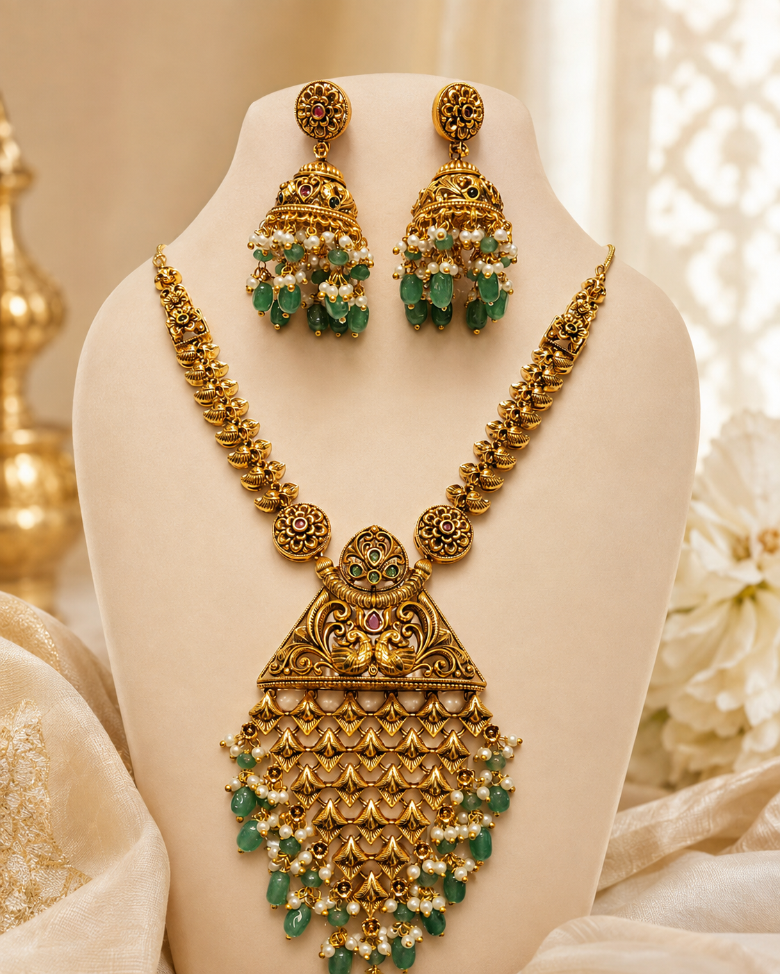 Antique Gold Long Haram with Emerald Beads & Jhumka Earrings | LV3058