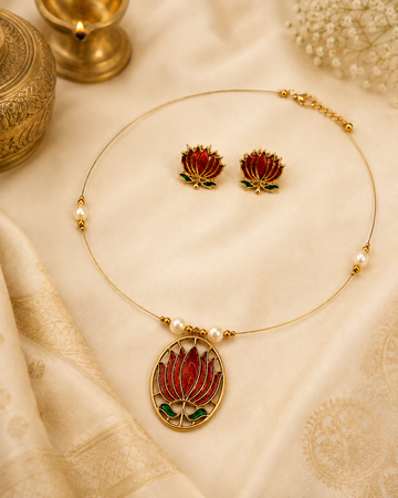 Gold Lotus Meenakari Necklace Set with Pearl Studs | L14830