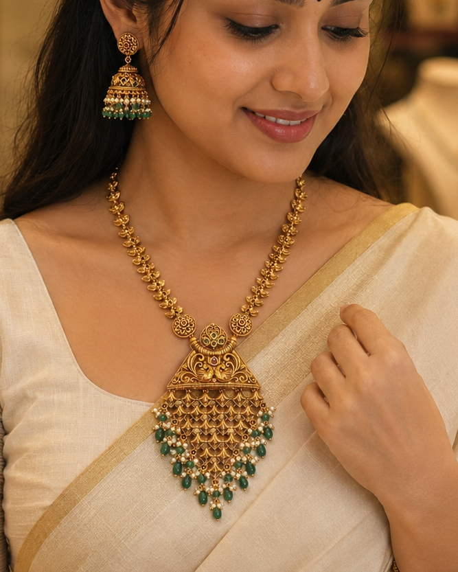 Antique Gold Long Haram with Emerald Beads & Jhumka Earrings | LV3058