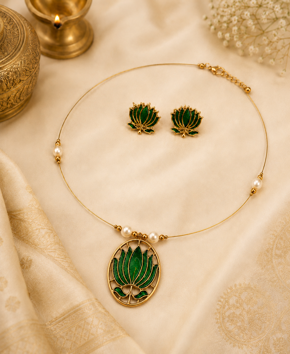 Gold Lotus Meenakari Necklace Set with Pearl Studs | L14830