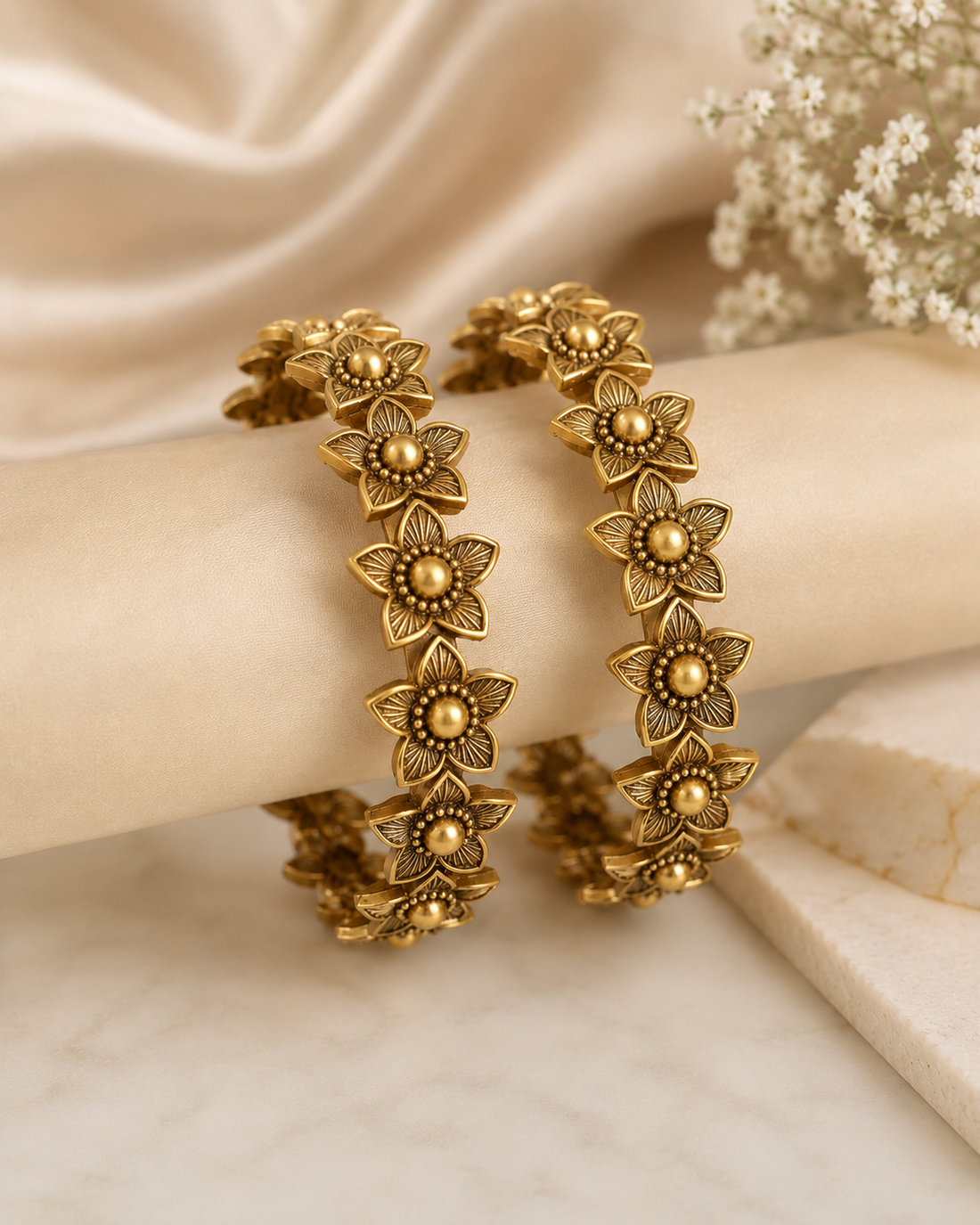 Antique Gold Floral Bangle Set of 2 | OG36