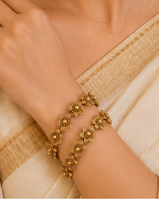 Antique Gold Floral Bangle Set of 2 | OG36