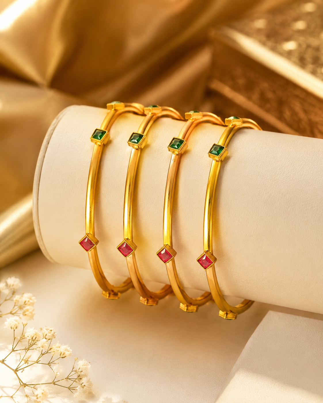 Gold Bangles with Emerald & Ruby Stone Accents Set of 4 | OG35